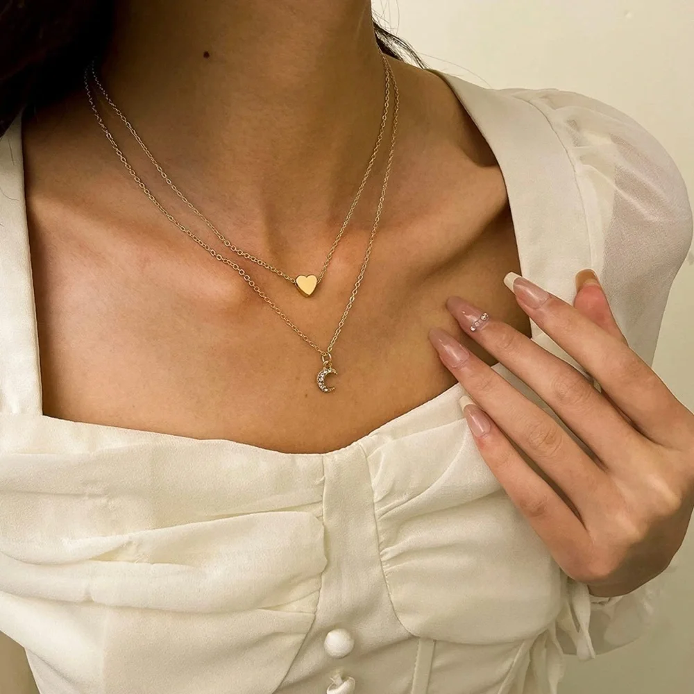 Gold 14k Gold Plated Heart & Moon CZ Layered Necklace